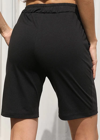 Black Pocket Regular Drawastring High Waisted Shorts - Image 2