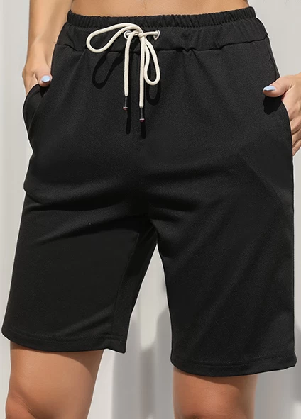 Black Pocket Regular Drawastring High Waisted Shorts - Image 3