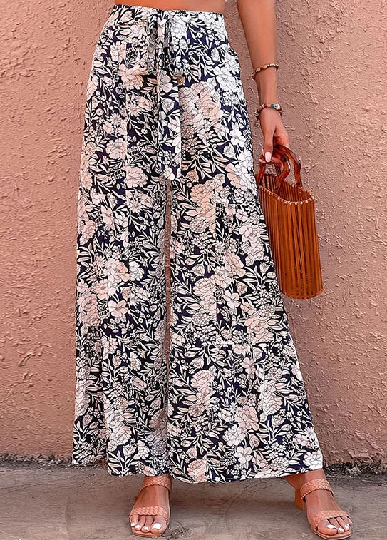 Navy Bowknot Floral Print Elastic Waist Pants - Image 3