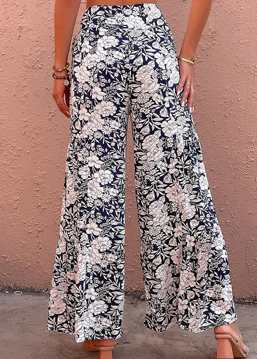 Navy Bowknot Floral Print Elastic Waist Pants - Image 2