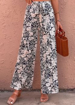 Navy Bowknot Floral Print Elastic Waist Pants