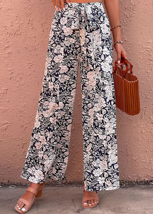 Navy Bowknot Floral Print Elastic Waist Pants