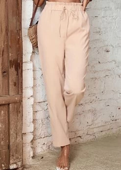 Beige Pocket Drawastring High Waisted Pants