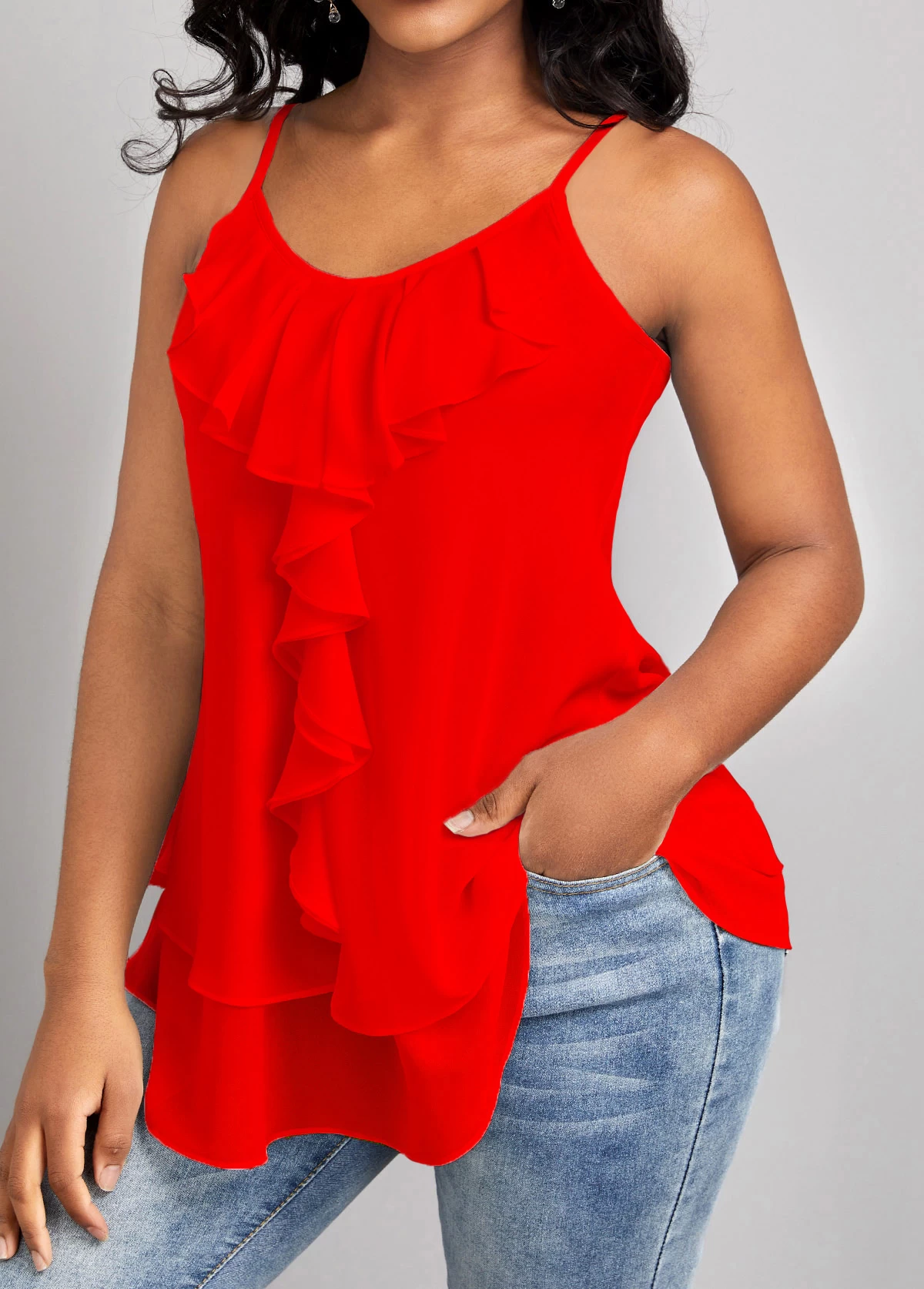 Red Ruffle Strappy Scoop Neck Camisole Top - Image 5