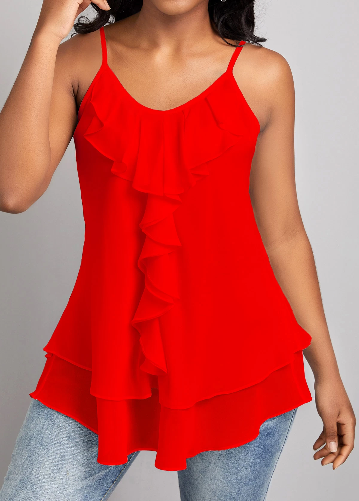 Red Ruffle Strappy Scoop Neck Camisole Top