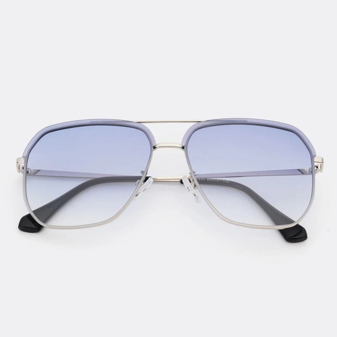 Geometric Pattern Metal Detail Silver Square Sunglasses - Image 3