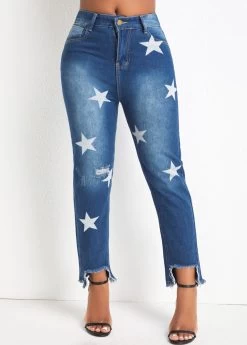 Denim Blue Pocket Star Print Regular Jeans