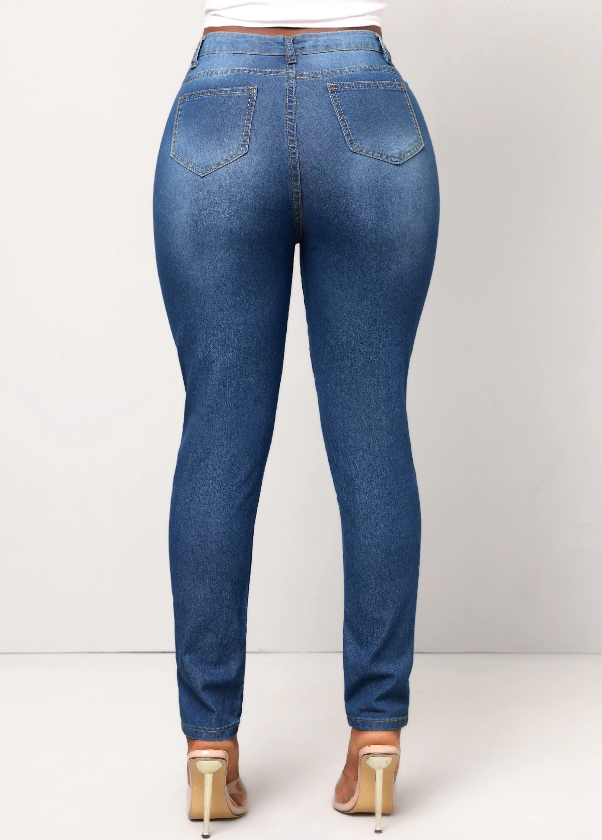 Denim Blue Pocket Butterfly Print Skinny Jeans - Image 3