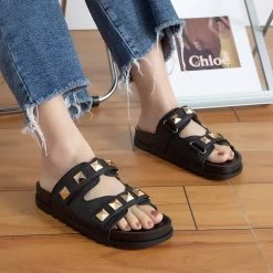 Black Open Toe Falt Slippers