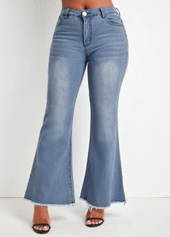 Denim Blue Pocket Flare Leg Zipper Fly Jeans