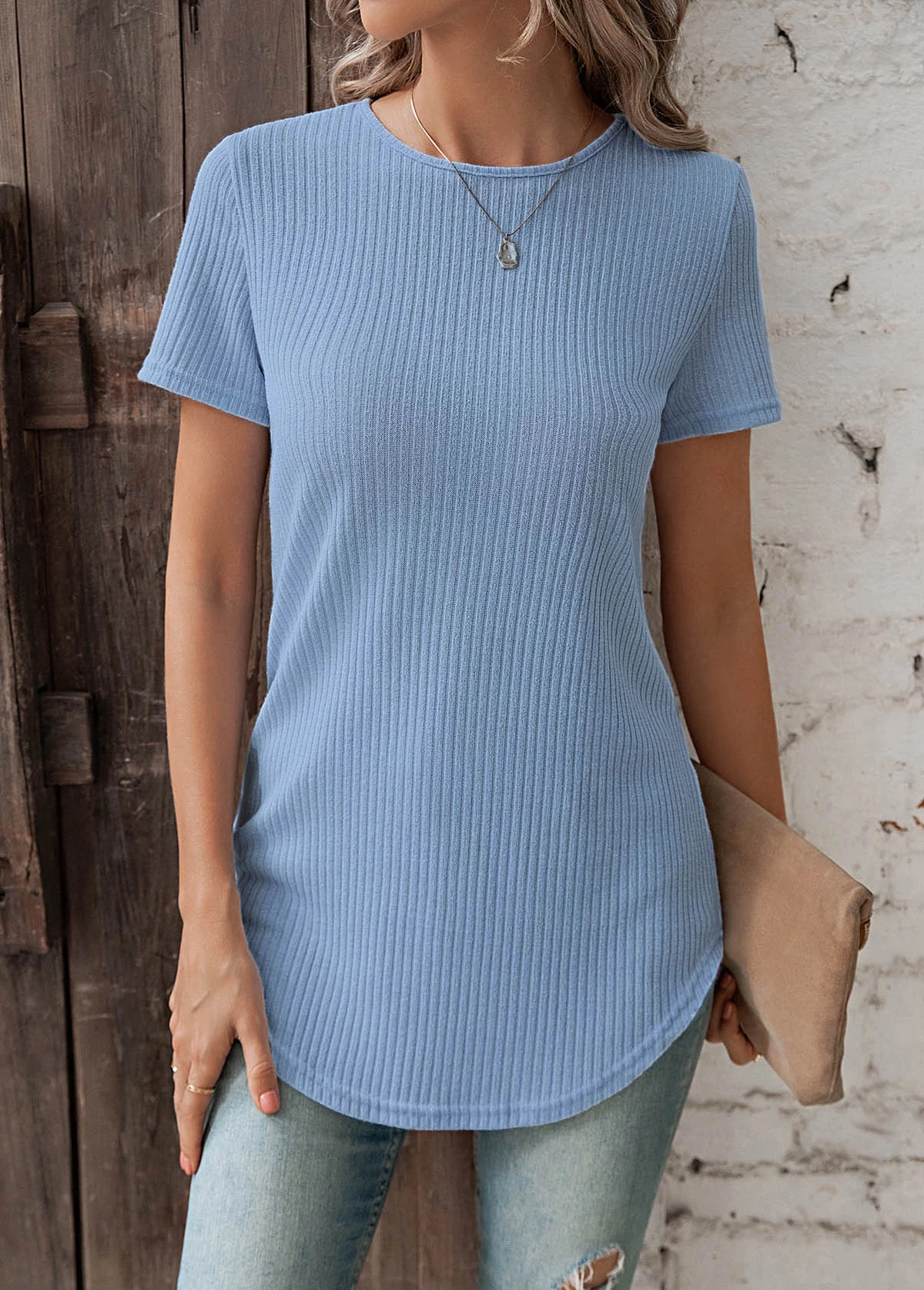 Dusty Blue Button Short Sleeve T Shirt