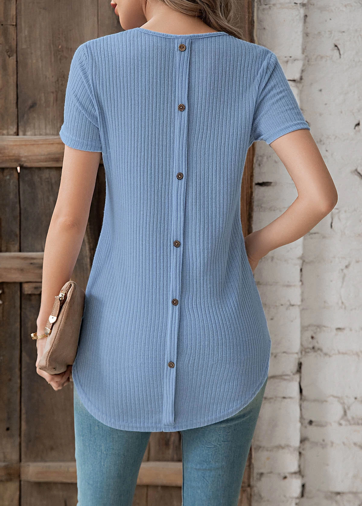 Dusty Blue Button Short Sleeve T Shirt - Image 2