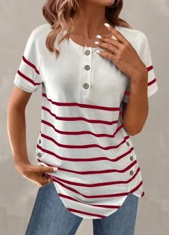 Wine Red Button Striped Short Sleeve T Shirt