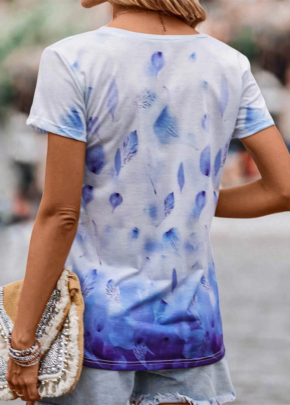 Blue Leaf Print Short Sleeve T Shirt - Image 2