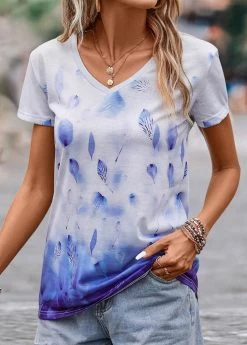 Blue Leaf Print Short Sleeve T Shirt