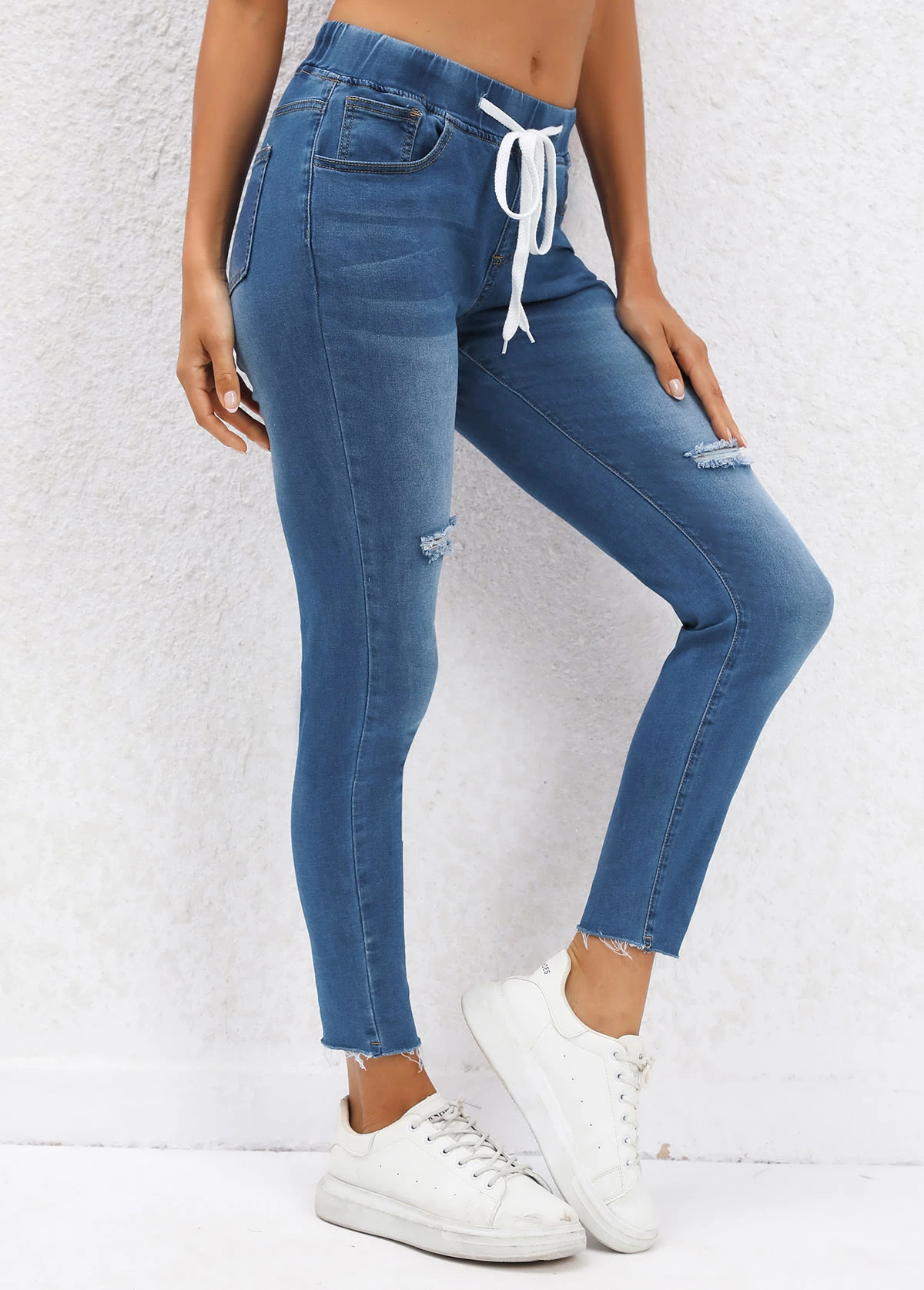 Dark Blue Pocket Skinny Drawastring Mid Waisted Jeans - Image 4