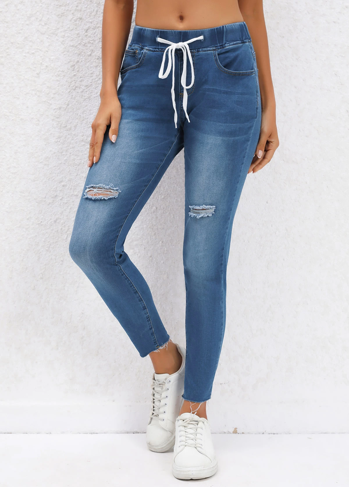 Dark Blue Pocket Skinny Drawastring Mid Waisted Jeans - Image 2
