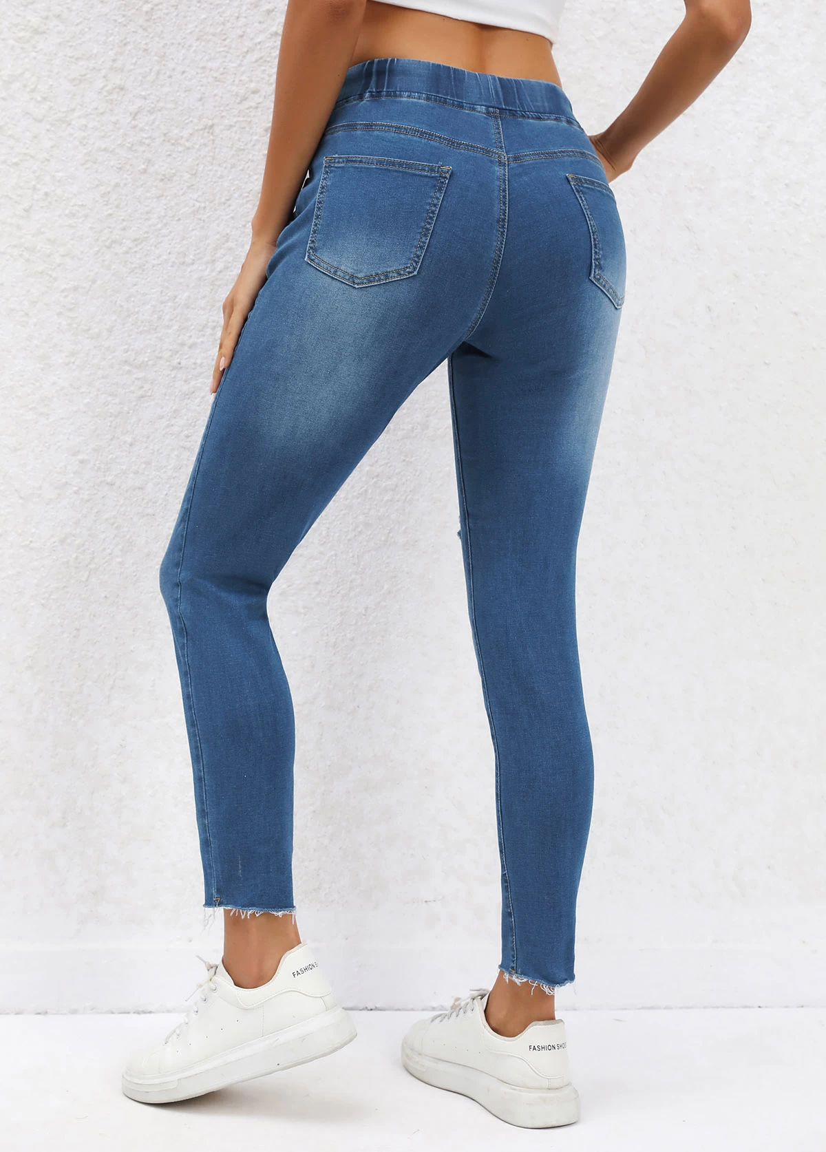 Dark Blue Pocket Skinny Drawastring Mid Waisted Jeans - Image 3