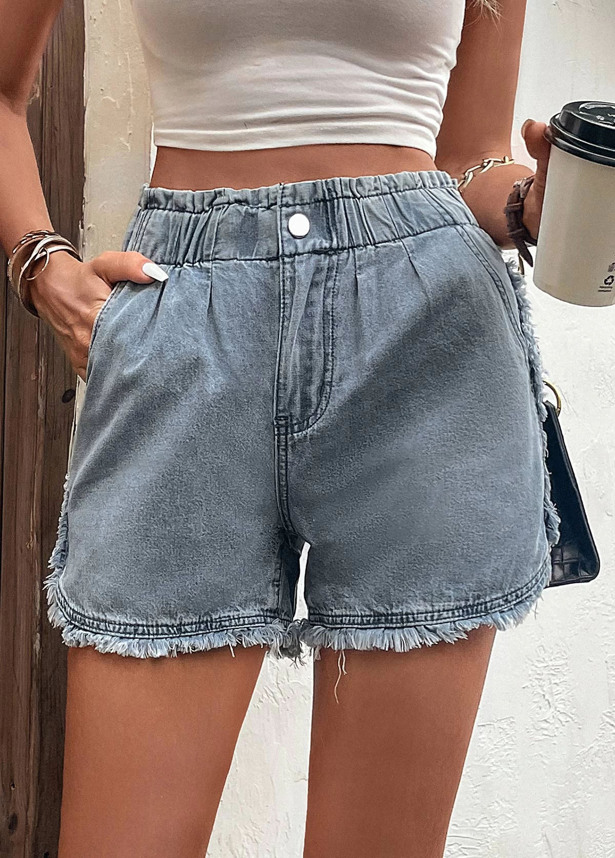Blue Pocket Button Fly High Waisted Denim Shorts - Image 6