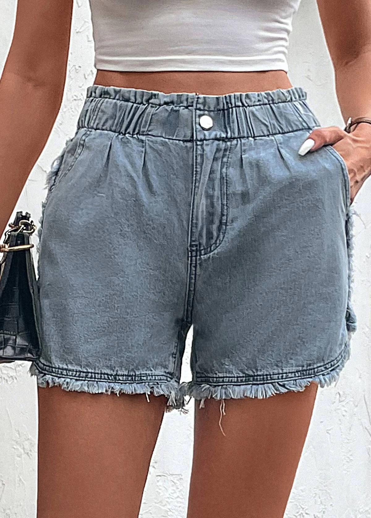 Blue Pocket Button Fly High Waisted Denim Shorts