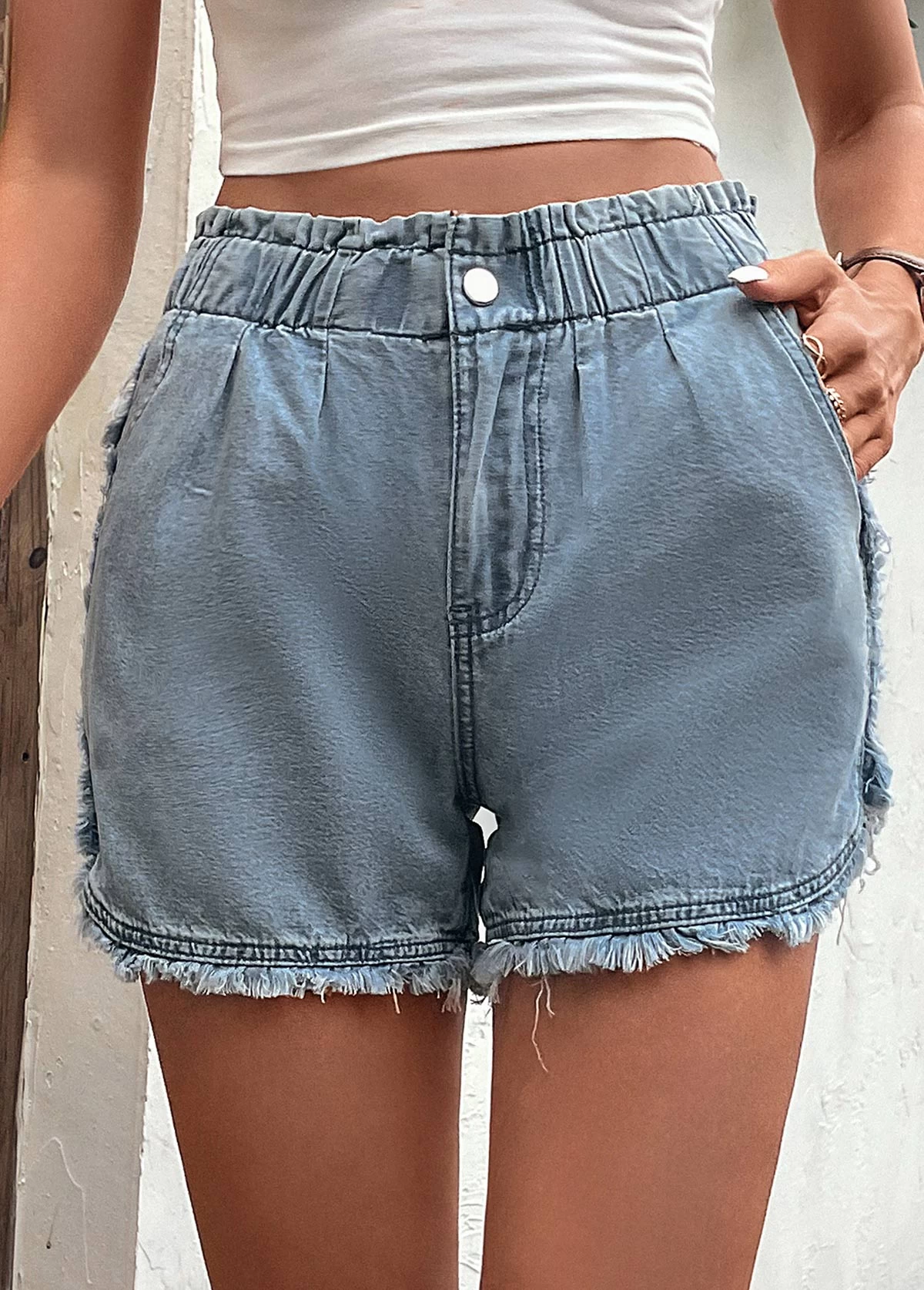 Blue Pocket Button Fly High Waisted Denim Shorts - Image 3