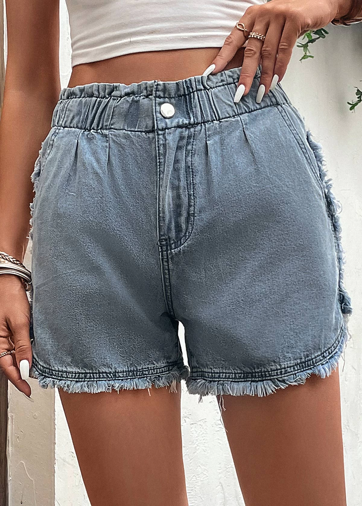 Blue Pocket Button Fly High Waisted Denim Shorts - Image 4