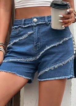 Pocket Patchwork Regular Button Fly Denim Shorts