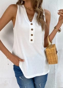 White Button V Neck Tank Top