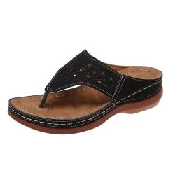 Faux Leather Black Toe Post Falt Flip Slippers