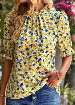 Yellow Ruched Ditsy Floral Print Half Sleeve Blouse