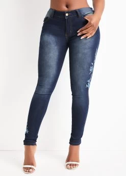 Denim Blue Embroidery Floral Print Skinny Zipper Fly Jeans