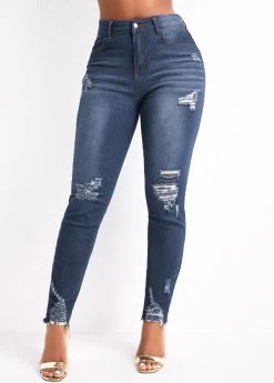 Denim Blue Pocket Skinny Zipper Fly High Waisted Jeans