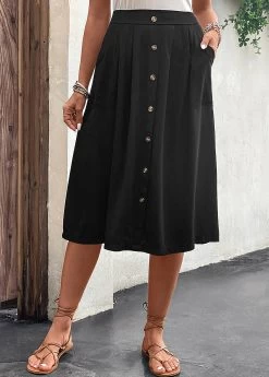 Black Button A Line Elastic Waist Skirt