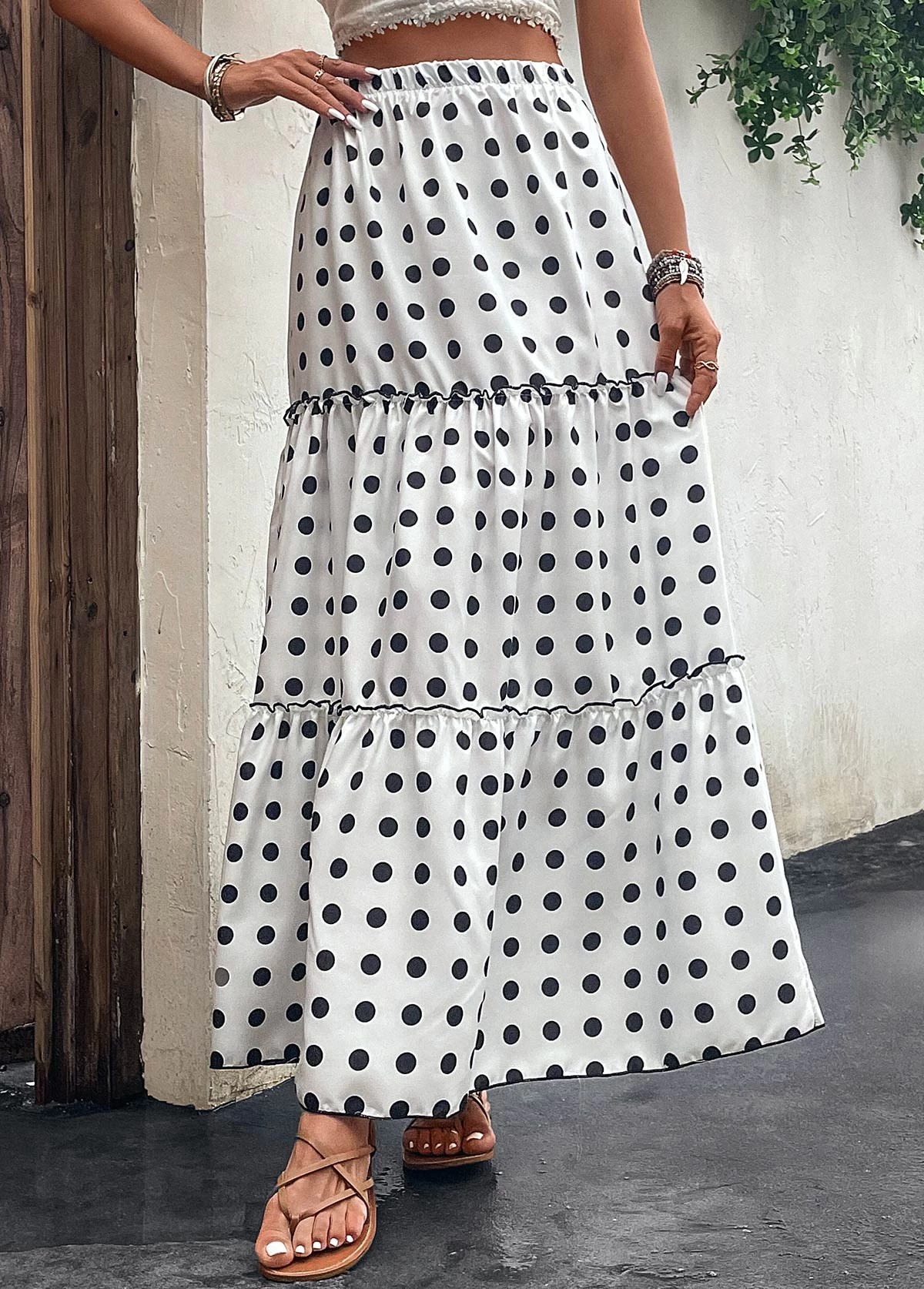 White Ruched Polka Dot A Line Skirt - Image 3