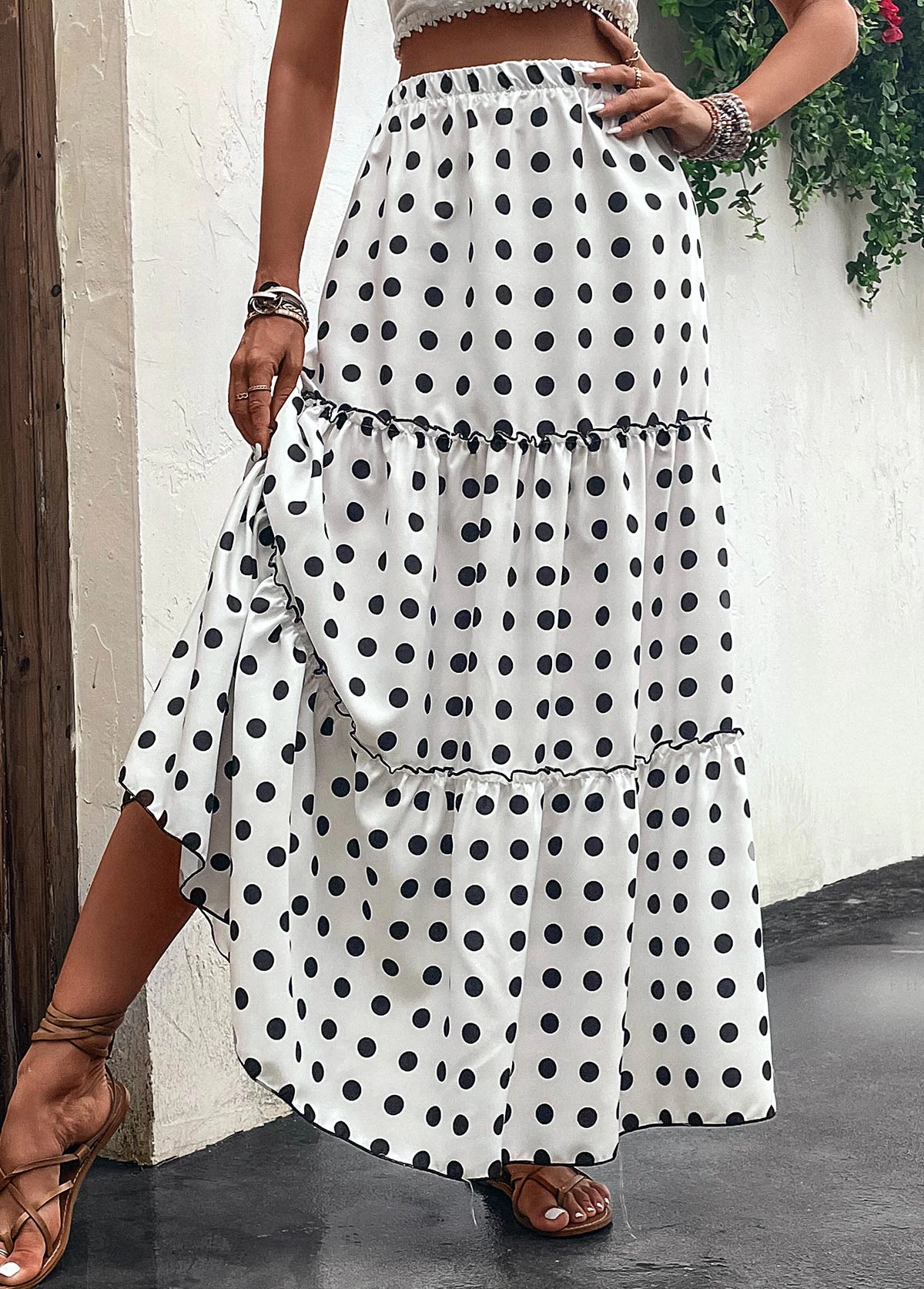 White Ruched Polka Dot A Line Skirt - Image 6