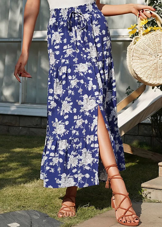 Dark Blue Split Floral Print A Line Skirt