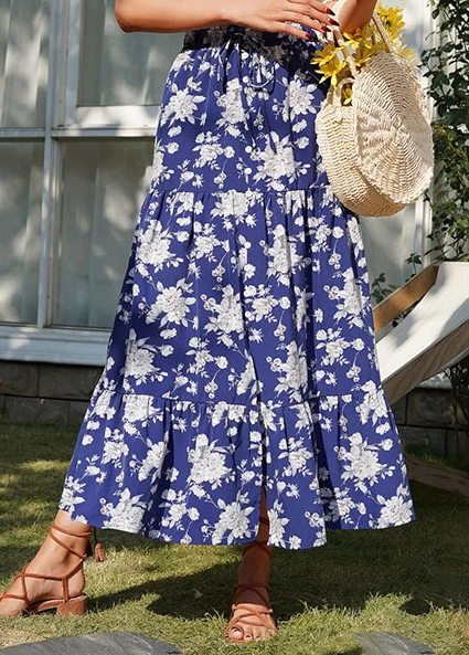 Dark Blue Split Floral Print A Line Skirt - Image 3