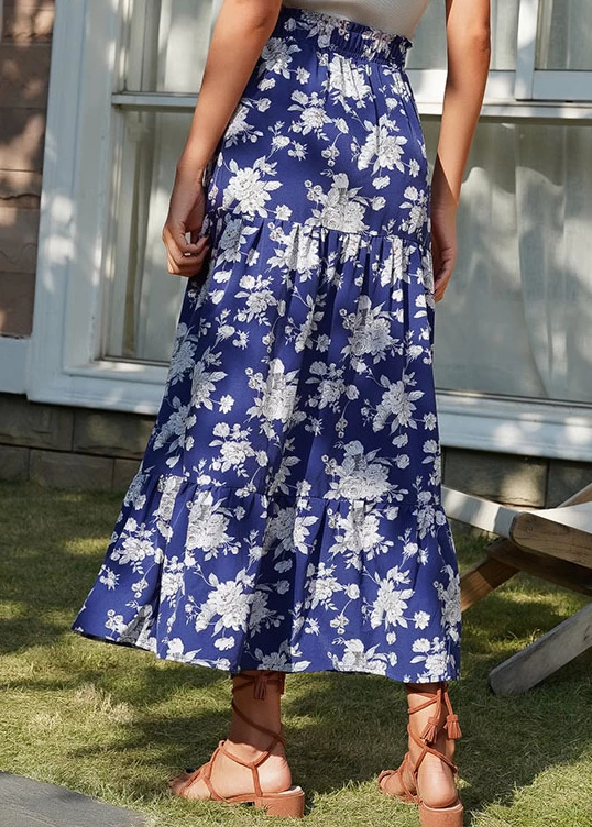Dark Blue Split Floral Print A Line Skirt - Image 2
