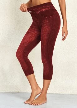 Wine Red High Waisted Capri Elastic Waist Leggings