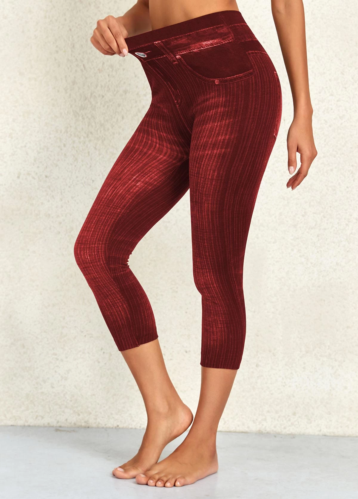 Wine Red High Waisted Capri Elastic Waist Leggings