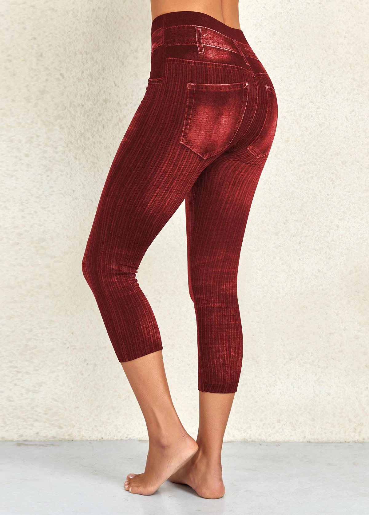 Wine Red High Waisted Capri Elastic Waist Leggings - Image 2