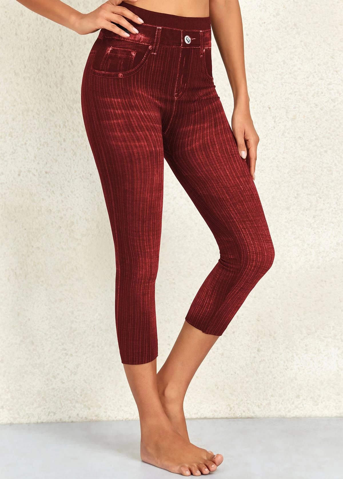 Wine Red High Waisted Capri Elastic Waist Leggings - Image 3