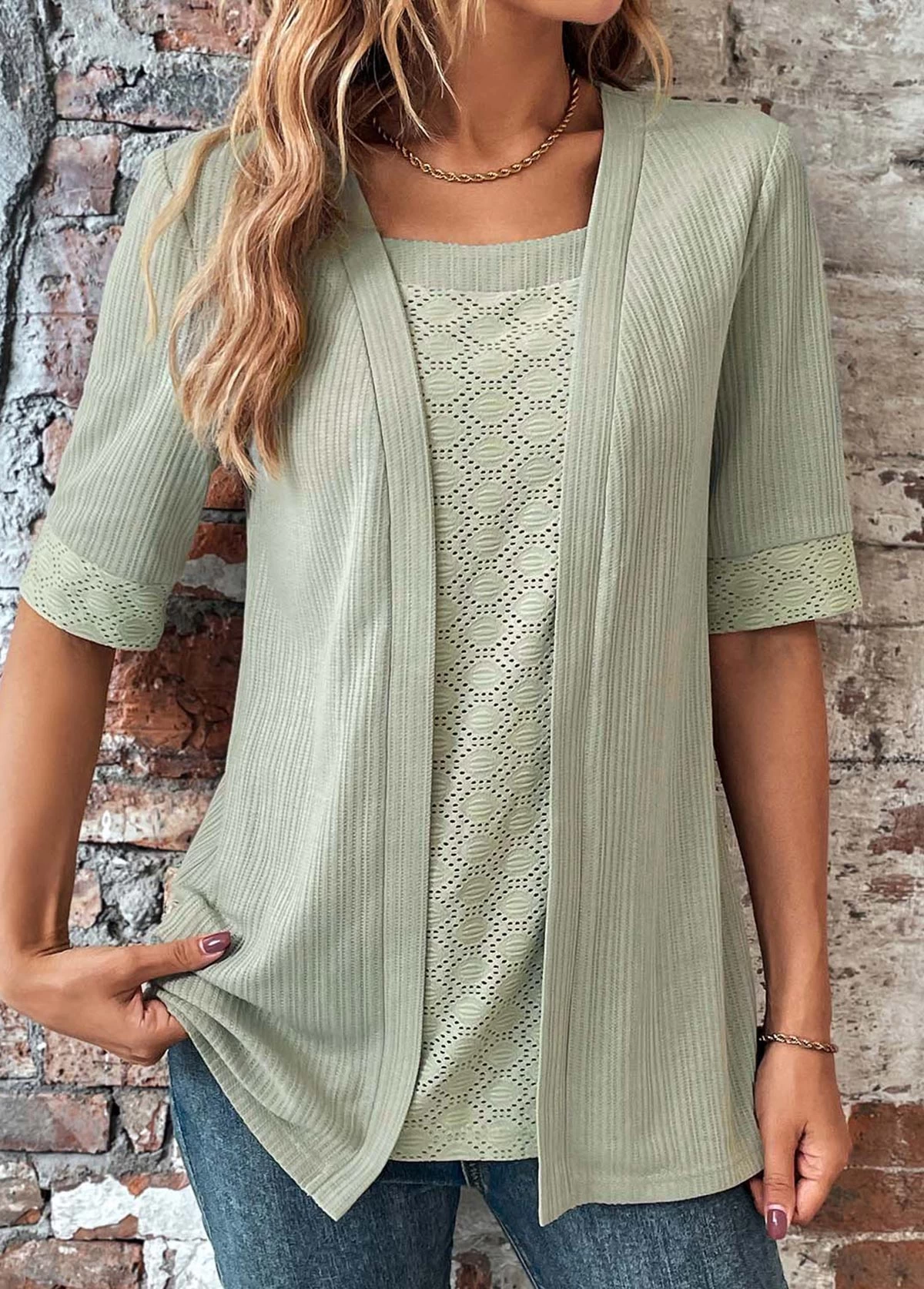 Sage Green Fake 2in1 Half Sleeve T Shirt - Image 4