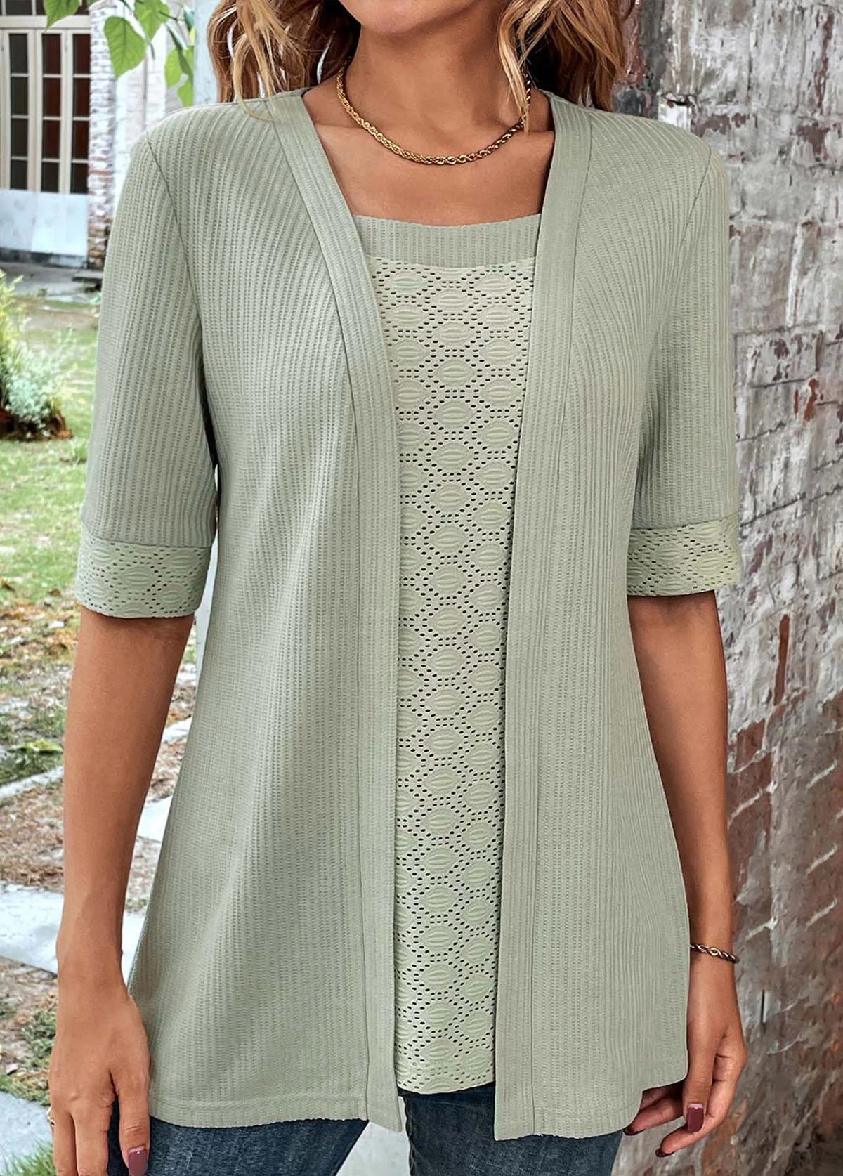 Sage Green Fake 2in1 Half Sleeve T Shirt - Image 3