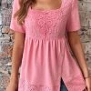 Pink Button Short Sleeve Square Neck Blouse