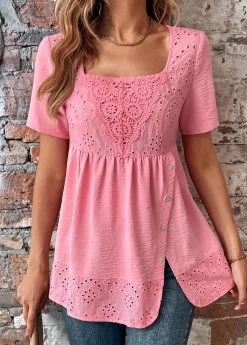 Pink Button Short Sleeve Square Neck Blouse