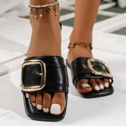 Black Open Toe Falt Metal Detail Sliders
