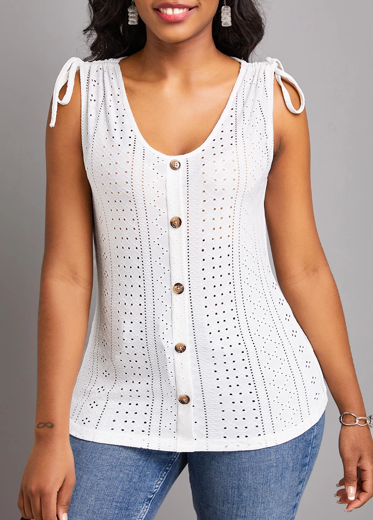 White Drawstring Scoop Neck Tank Top