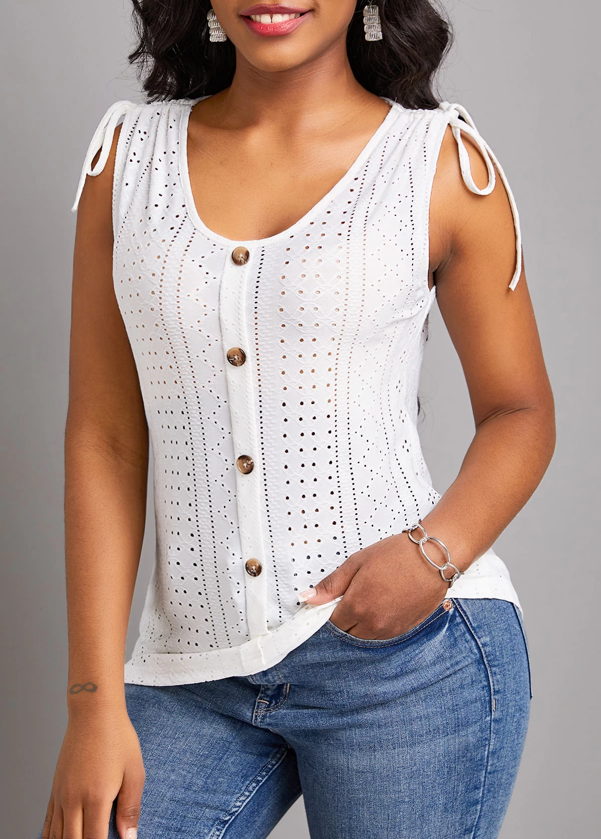 White Drawstring Scoop Neck Tank Top - Image 3