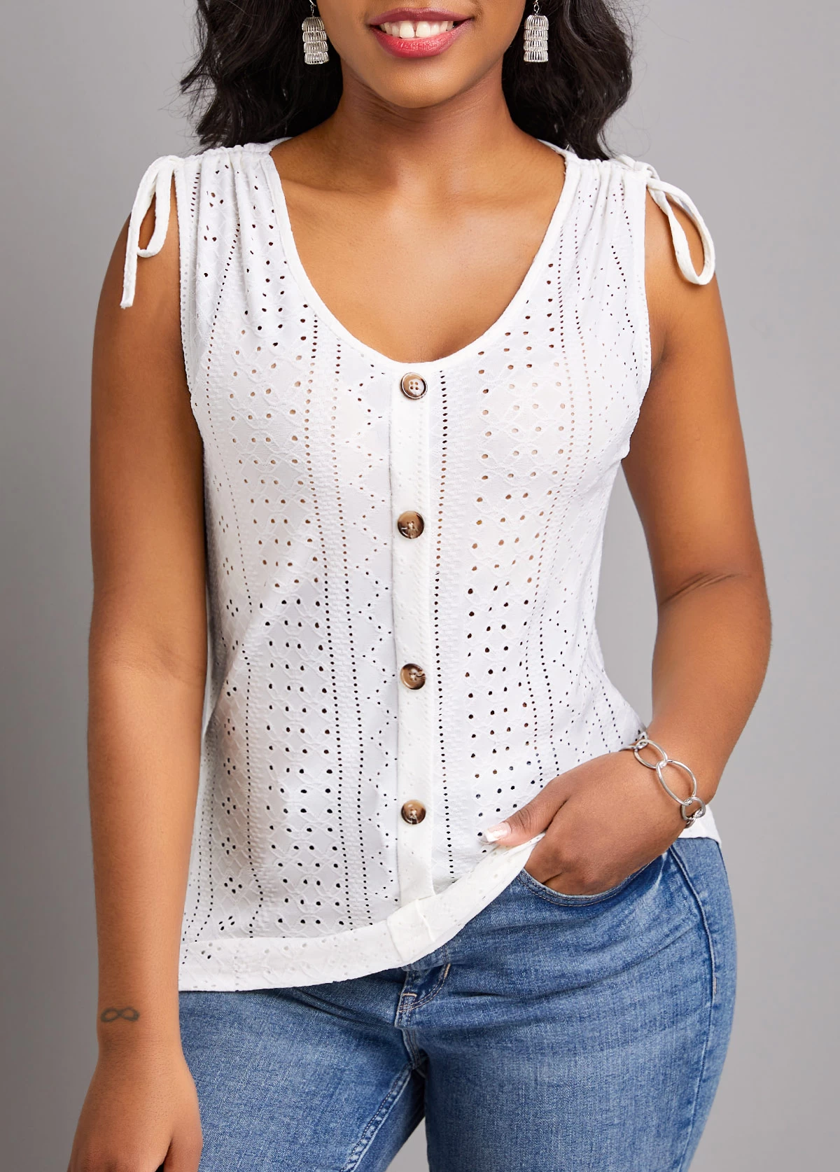 White Drawstring Scoop Neck Tank Top - Image 4